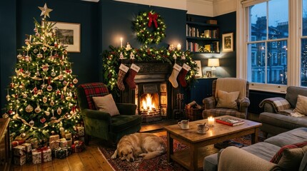 Fototapeta premium Cozy Christmas living room with a decorated tree, fireplace, and sleeping dog