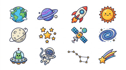 Collection of cartoon space objects and celestial bodies. © bro
