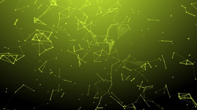 Abstract Network: A glowing yellow abstract network of interconnected lines and dots against a dark green gradient background, suggesting data, connection, and technology.