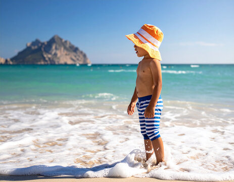 Ein kleiner Junge spielt am Strand mit den Meereswellen