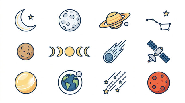 Collection of celestial bodies and space objects icons.