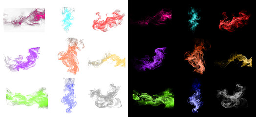 Fototapeta premium Set of colorful smoke or steam isolated on transparent background and black background, different colors and shapes, dynamic liquid motion.