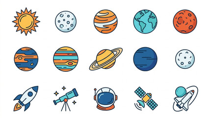 Collection of colorful cartoon planets and space objects. © bro