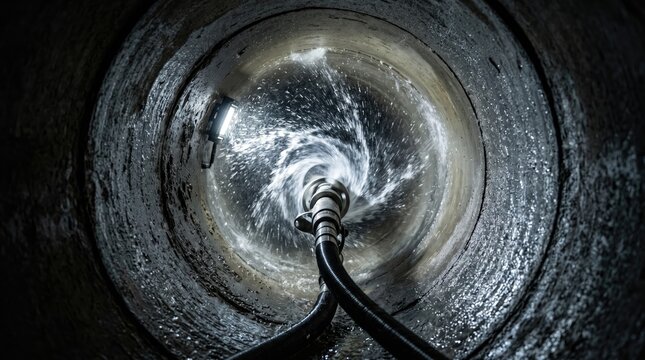 Maintenance severed main sewer pipe hydro jet cleaning concept. Close-up view of water swirling in a large industrial pipe, showcasing engineering design.