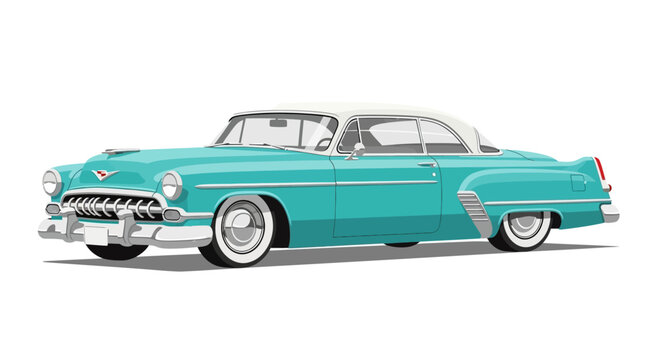 Turquoise and white vintage car on white background