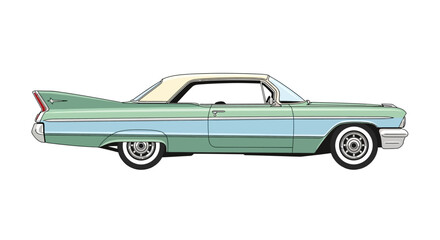 Side view illustration of a vintage American classic car with tail fins isolated on white. © Queen