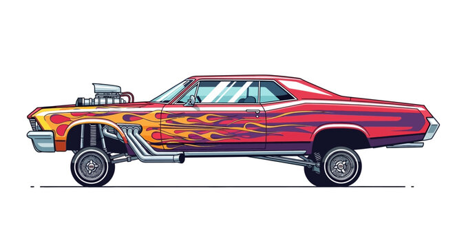 Side view illustration of a custom red classic muscle car hot rod with flame paint