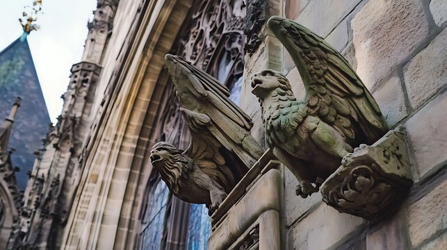 Detailed photograph capturing intricate stone gargoyle sculptures mounted on the exterior wall of a historic gothic church building under soft natural daylight during the daytime hours