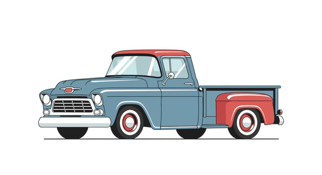 Vintage blue and red pickup truck illustration isolated on white background