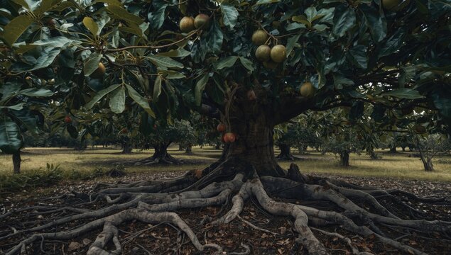 A fruiting fig tree with solid root system bracing against severe weather