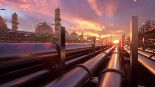 Aerial angle of glossy gas refinery pipelines with storage tanks and a vibrant orange sunset. Perfect for energy and industrial content.