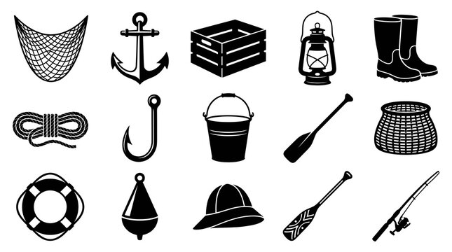 Fishing and Marine Nautical Tools and Equipment Glyph Icons Set. Black and White Silhouette Vector Illustration.