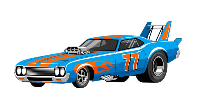 Blue racing car with orange flames and stripes
