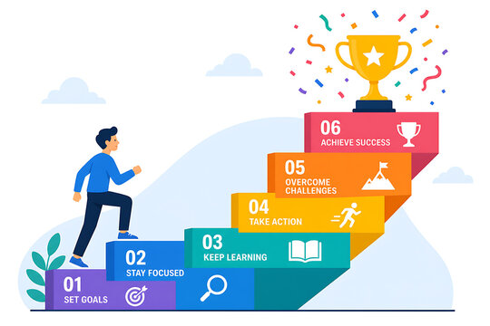 Man climbing steps to achieve summer success with trophy