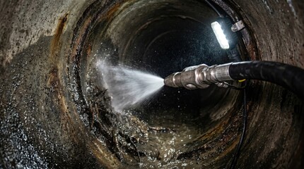 Fototapeta premium Maintenance severed main sewer pipe hydro jet cleaning concept. High-pressure cleaning equipment inside a dark, cylindrical sewer tunnel.