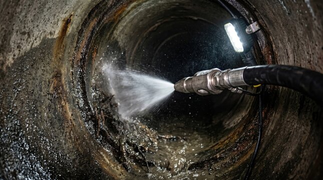 Maintenance severed main sewer pipe hydro jet cleaning concept. High-pressure cleaning equipment inside a dark, cylindrical sewer tunnel.