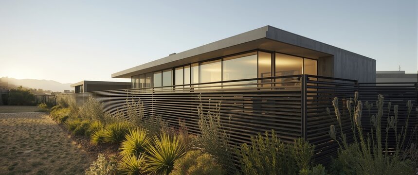 Architectural modern house with slat aluminum fencing and xerophytic plants glowing in morning