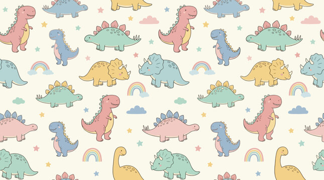 Colorful cartoon dinosaurs pattern with rainbows and stars on cream background