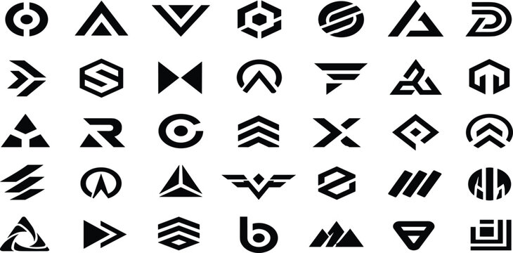 Modern geometric abstract logo collection featuring futuristic monogram symbols minimalist branding marks and professional corporate identity elements