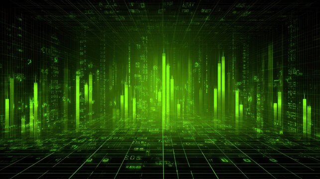 Digital data streams visualize as glowing green bar charts within a futuristic dark environment