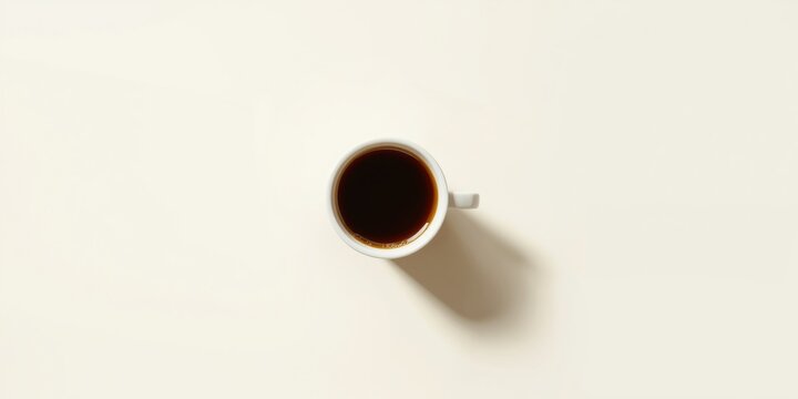 Aerial shot of dark coffee in cup with uncluttered white background