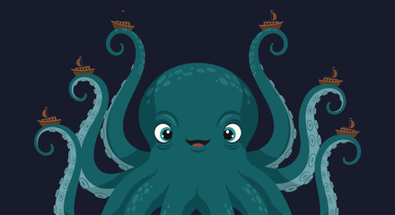 Cute cartoon octopus holding crowns on tentacles, flat vector illustration © Wa