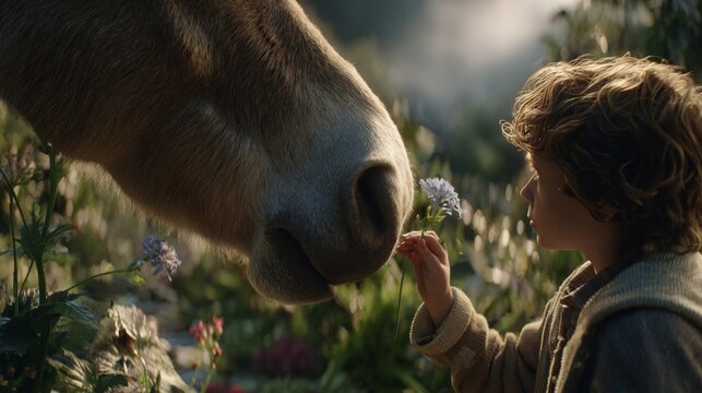Young child offering a delicate bloom to a curious horse in a sun-dappled meadow