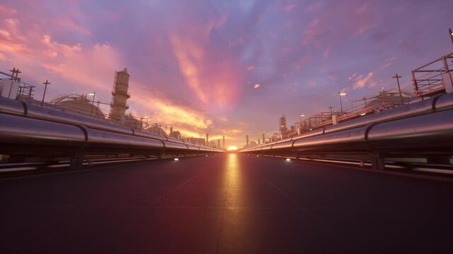 Low angle close-up of silver refinery pipes and storage tanks glowing at sunset. Cinematic heavy-industry footage.