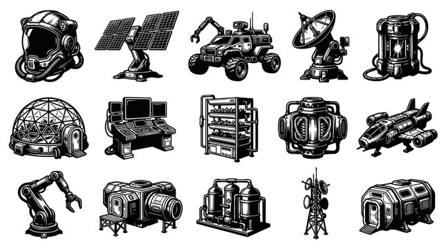 Sci-Fi Industrial Icons: Spaceship, Robot Arm, Helmet, Dome, Technology, BW Line Art