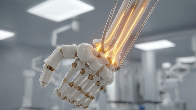 Detailed 3D Anatomy Scan of a Human Hand Bone Structure Showing Glowing Tendons in a Medical Setting