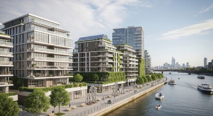 Obraz premium Sustainable Urban Architecture with Green Walls and Solar Panels