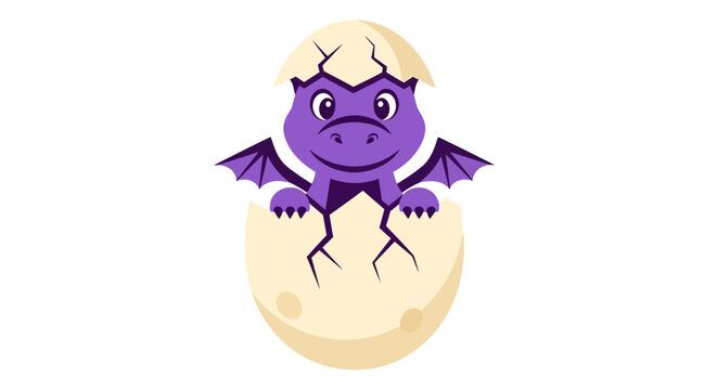 Cute purple dragon hatching from egg, flat vector illustration