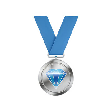 Shiny silver medal with blue diamond and ribbon