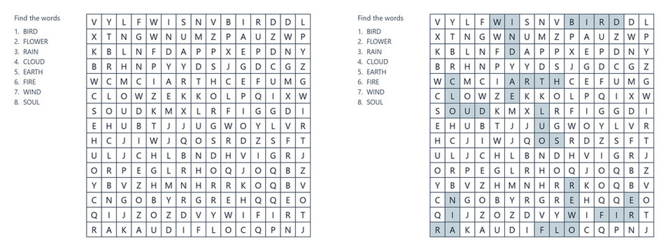 Word search puzzle with incomplete grid and highlighted words  