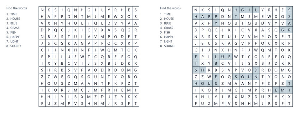 Word search puzzle with highlighted answers and thematic clues  