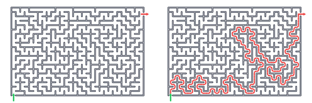 Maze illustration with solved path and unsolved maze design  