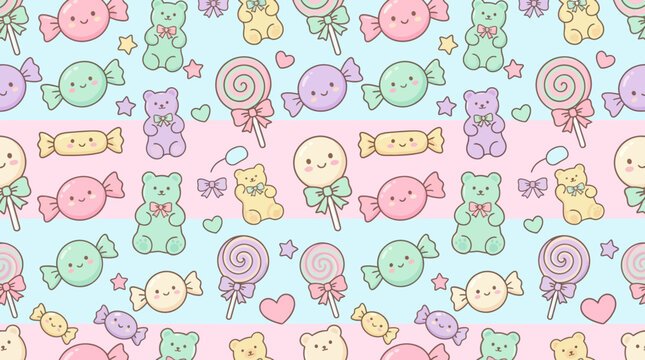 Colorful candy and teddy bear pattern pastel sweet treats