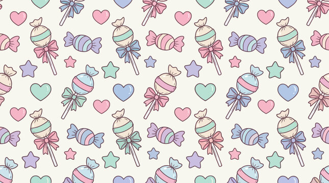 Colorful candy and sweet treats pattern with lollipops and stars