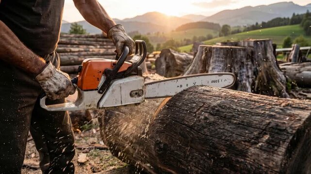 Woodcutter operates a chainsaw at a sawmill, cutting through a large tree trunk - capturing raw power, precision, and the rugged essence of traditional woodcutting and forestry work, 4K video