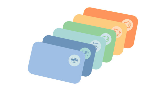Set of colorful flat design cards with finance icons representing banking, savings, and budgeting. Minimalist fintech illustration for financial management and payment concepts.