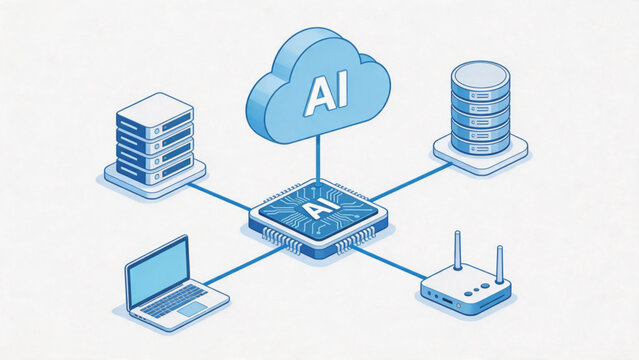 AI cloud computing infrastructure concept with futuristic digital server network and automation technology, idea for enterprise IT innovation and smart business systems