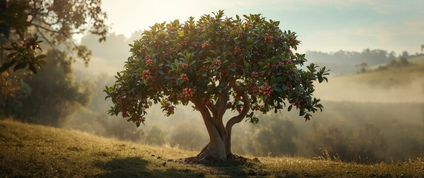 Arabica coffee tree with specialty single origin beans set against a nostalgic nature background