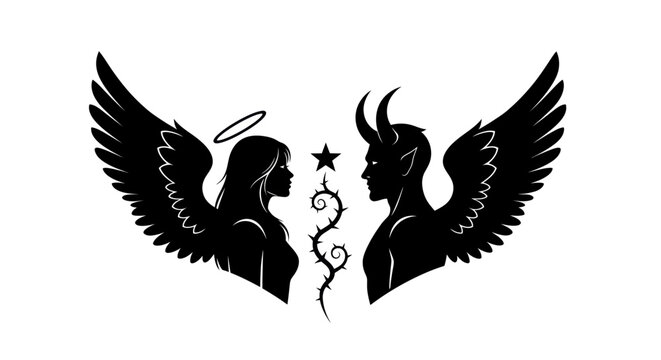 Black silhouettes of angel and demon.