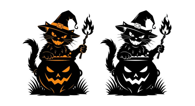 Black cats in witch hats holding pitchfork.