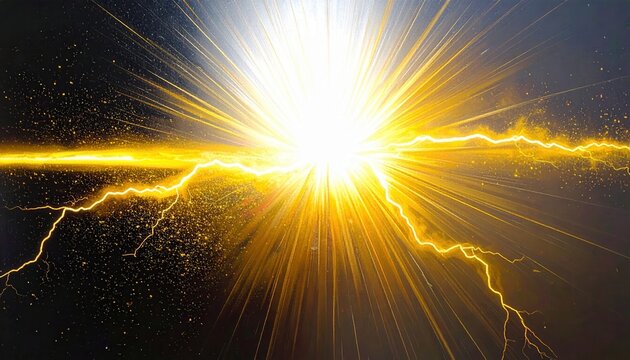 Explosi&oacute;n brillante e intensa de luz dorada con descargas el&eacute;ctricas din&aacute;micas y part&iacute;culas resplandecientes