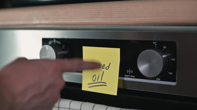 A hand places a yellow sticky note on the oven dial as a reminder to buy oil. The kitchen setting is modern and organized, focusing on cooking preparation