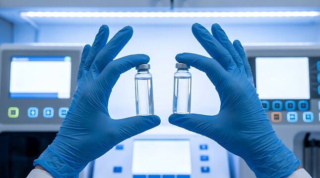 Scientist holding two vials with clear liquid in a laboratory setting