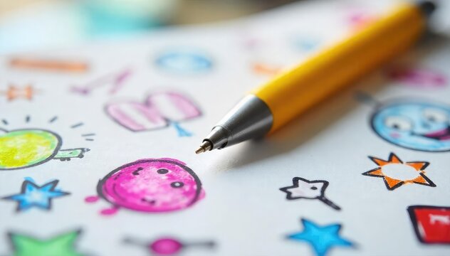 Close-up shot of a brightly colored pen resting on a notepad filled with joyful, colorful doodles, radiating a sense of creative contentment and playful energy , peaceful atmosphere, serenity