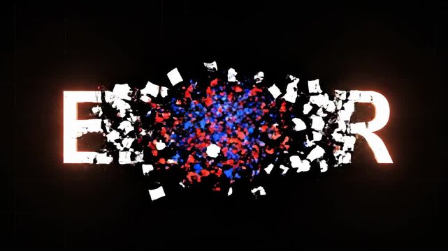 Explosive disintegration of the 'ERROR' text, dissolving into a vibrant cloud of fragmented particles, creating a dynamic visual representation of digital corruption and system failure