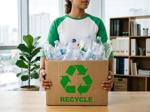 Woman holding a cardboard box full of plastic bottles for recycling in an office setting